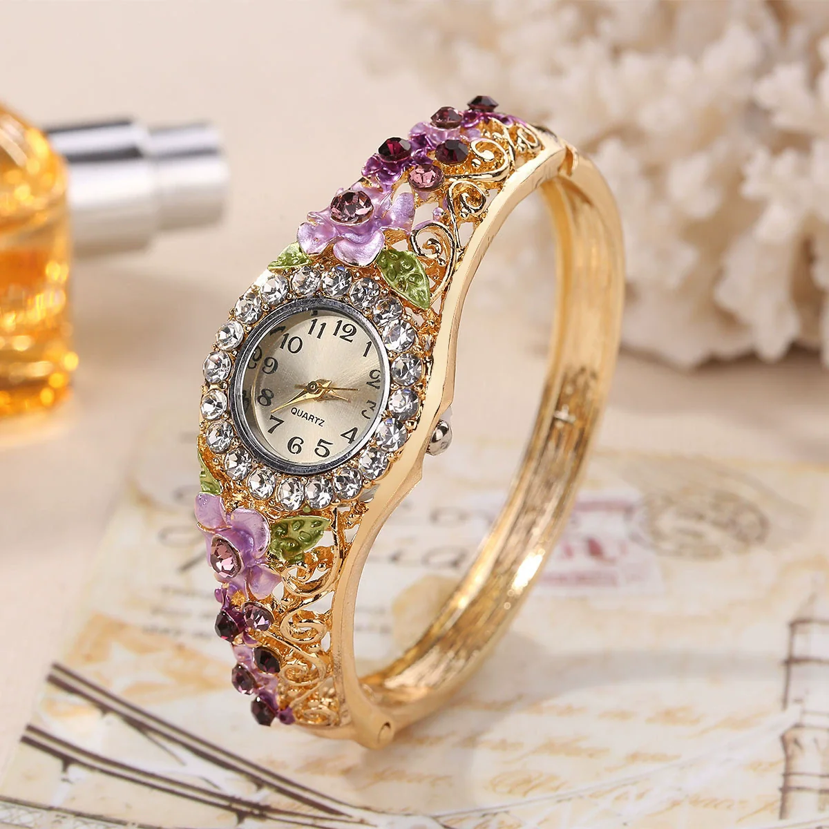 Vintage Cloisonne 3D Flower Blooming Women's Alloy Wrist Watch And Fashion Bracelet - Image 8