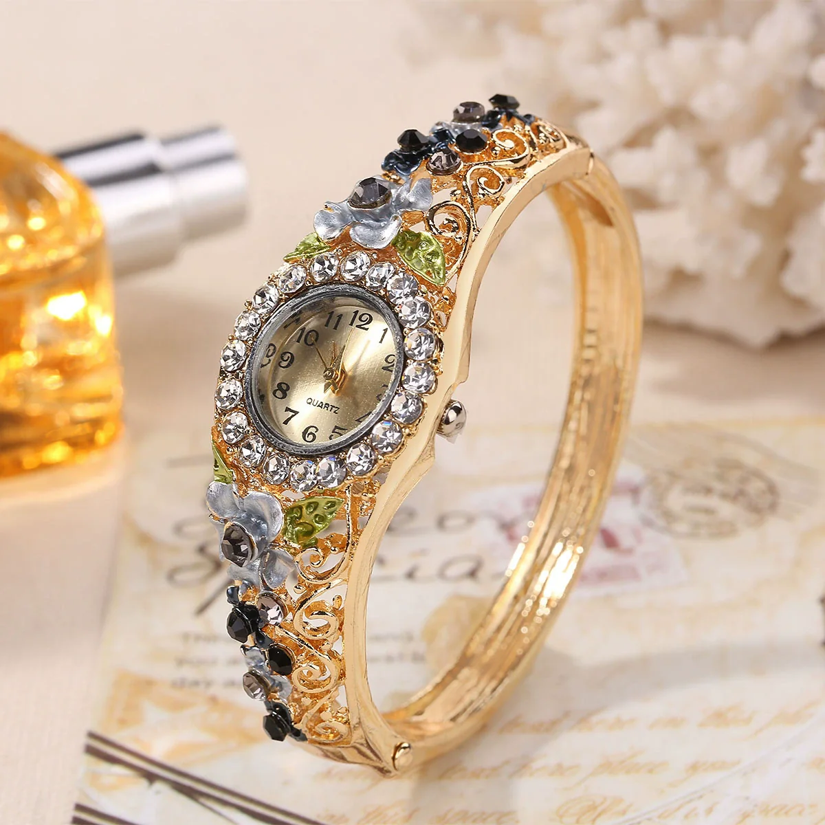 Vintage Cloisonne 3D Flower Blooming Women's Alloy Wrist Watch And Fashion Bracelet - Image 9