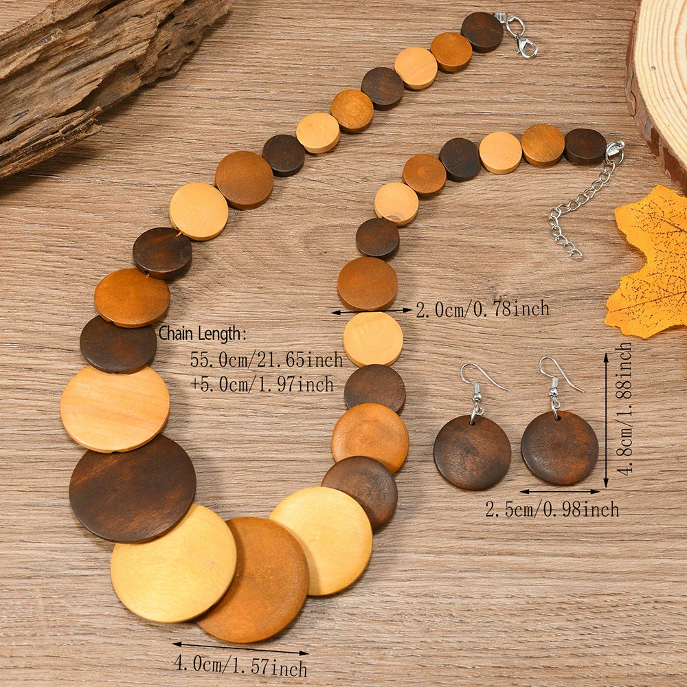 Vintage Geometric Handmade Leather And Wooden Beads Women's Pendant Necklace And Earrings Set - Image 6