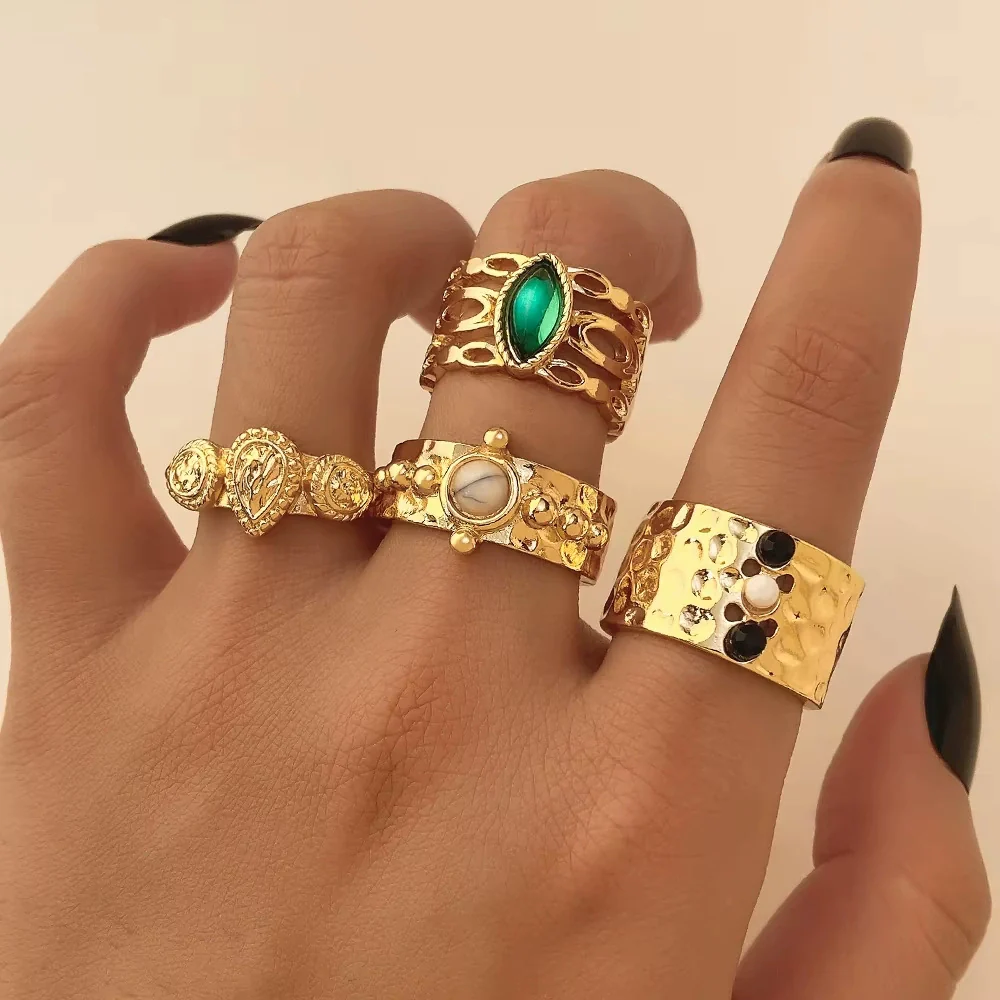 Vintage Geometric Round Turquoise Metal Ring Inlaid With Artificial Gemstones And Semiprecious Stones Gold Plated - Image 10