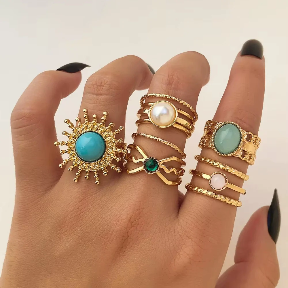 Vintage Geometric Round Turquoise Metal Ring Inlaid With Artificial Gemstones And Semiprecious Stones Gold Plated - Image 12