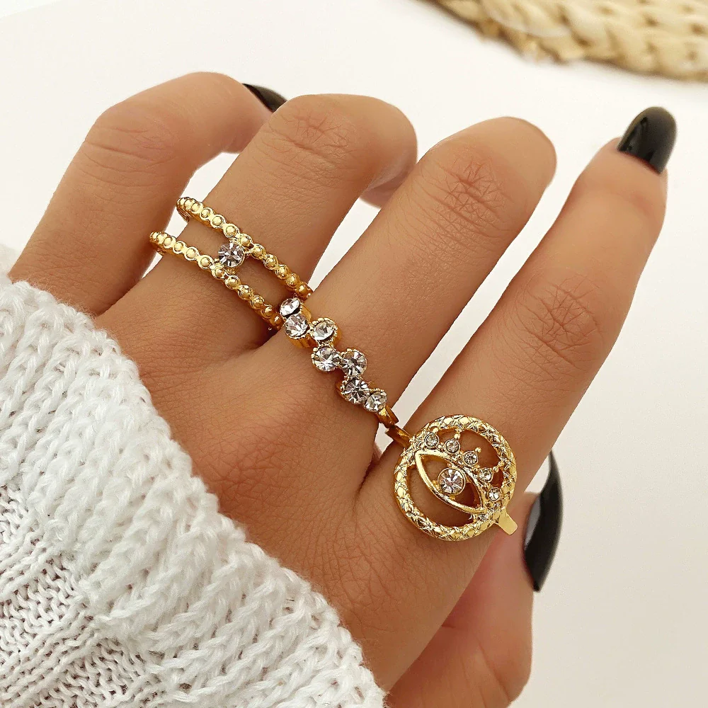 Vintage Geometric Round Turquoise Metal Ring Inlaid With Artificial Gemstones And Semiprecious Stones Gold Plated - Image 16