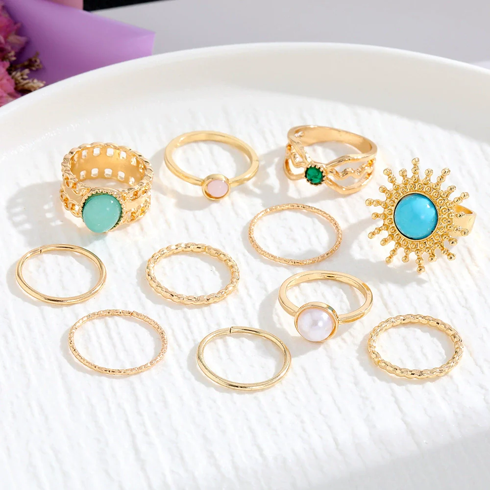 Vintage Geometric Round Turquoise Metal Ring Inlaid With Artificial Gemstones And Semiprecious Stones Gold Plated - Image 4