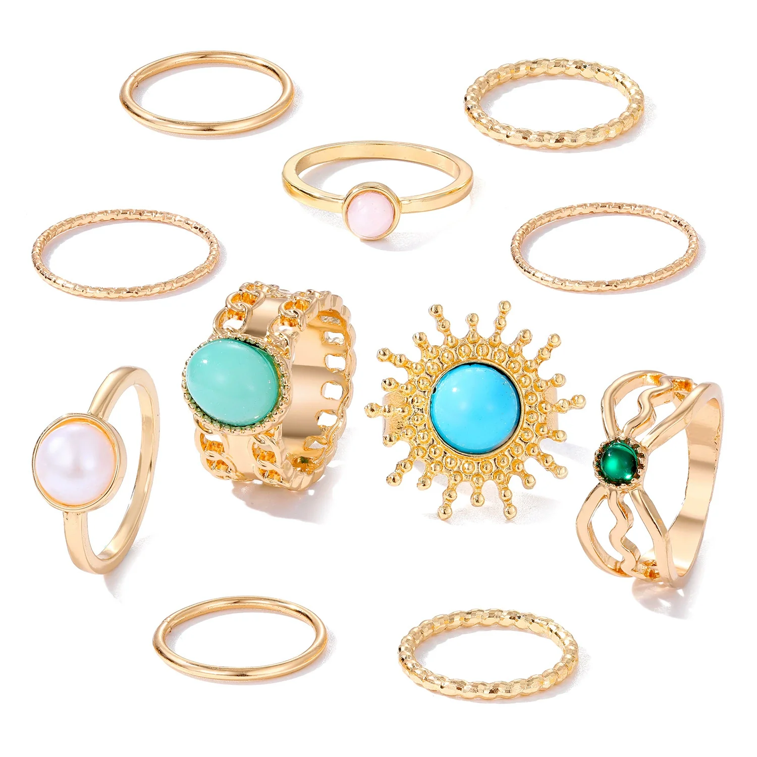 Vintage Geometric Round Turquoise Metal Ring Inlaid With Artificial Gemstones And Semiprecious Stones Gold Plated - Image 5