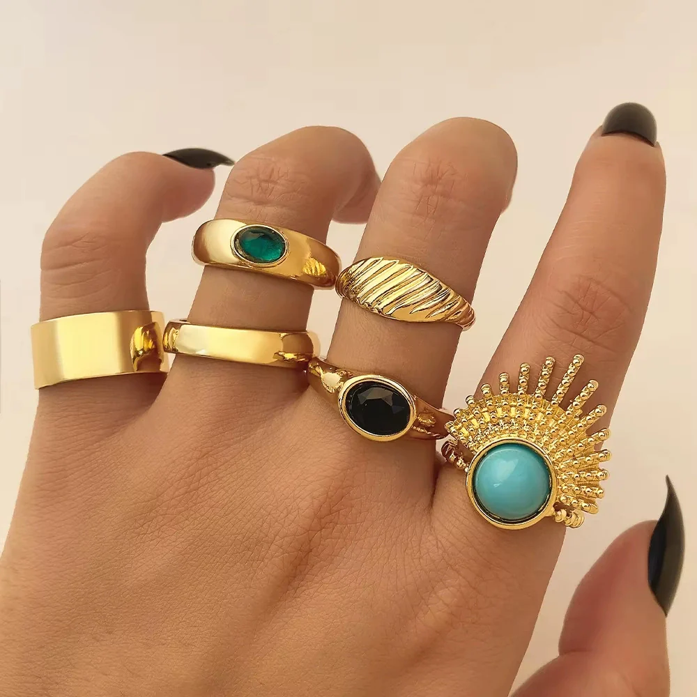 Vintage Geometric Round Turquoise Metal Ring Inlaid With Artificial Gemstones And Semiprecious Stones Gold Plated - Image 6