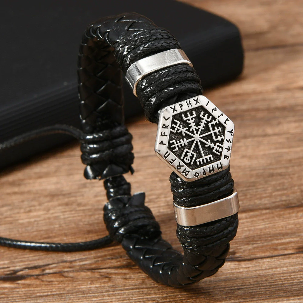 Vintage Handwoven Beaded Metal Scripture Leather Unisex Bracelet Geometric Pattern Handmade - Image 3