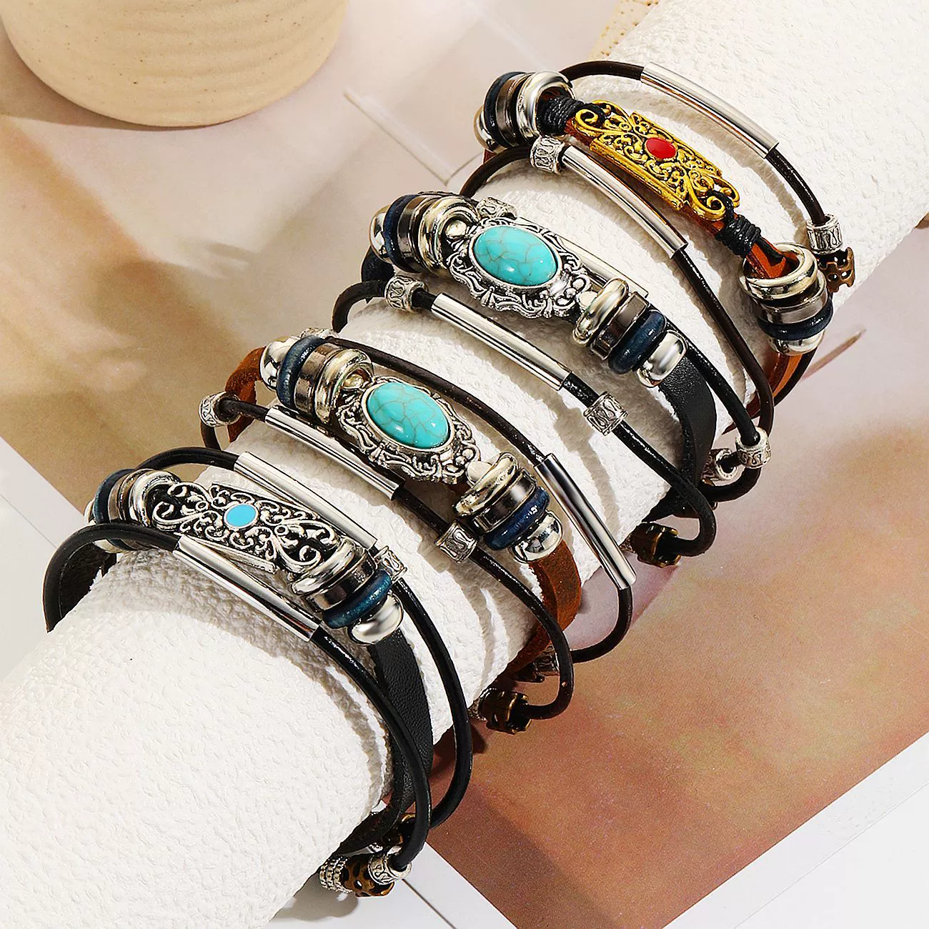 Vintage Leather Bracelet Geometric Style Electroplating Unisex
