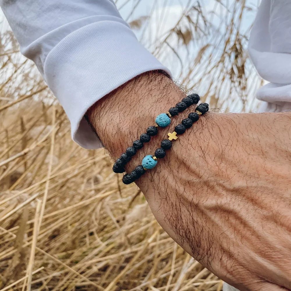 Volcanic Stone Geometric Style Handmade Elastic Cross Bracelet Unisex - Image 2
