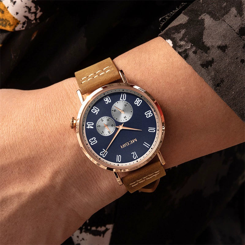 Watch Men's Simple Waterproof Luminous Leather Business Sports Alloy Mineral Strengthened Mirror Round - Image 3