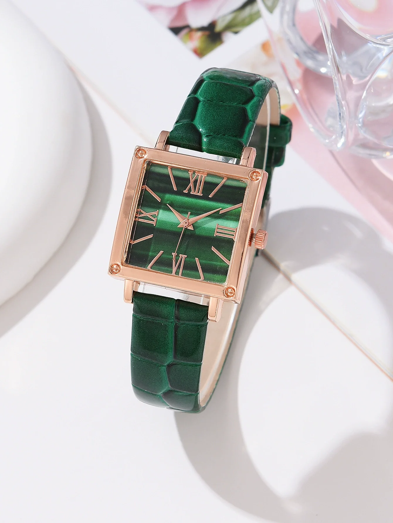 Watch Square Slub Pattern Women's Plastic Case Imitation Leather Strap Stainless Steel Buckle Quartz Watch - Image 6