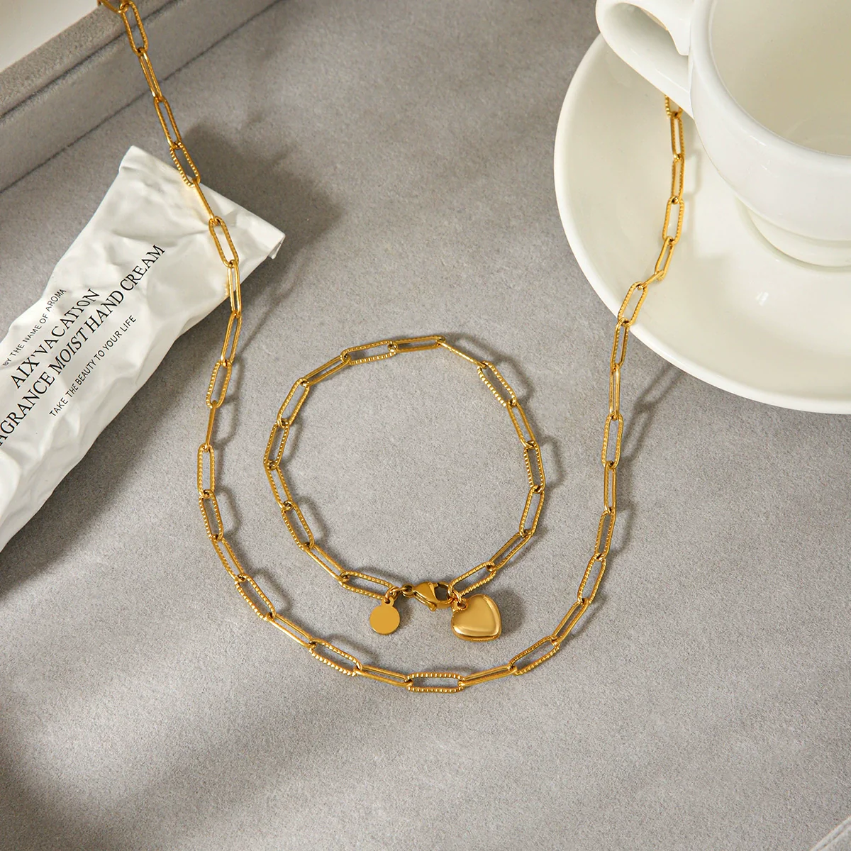 Wholesale 18K Gold Electroplated Stainless Steel Heart Shape Pendant Necklace And Bracelet For Women In Ins Style - Image 2