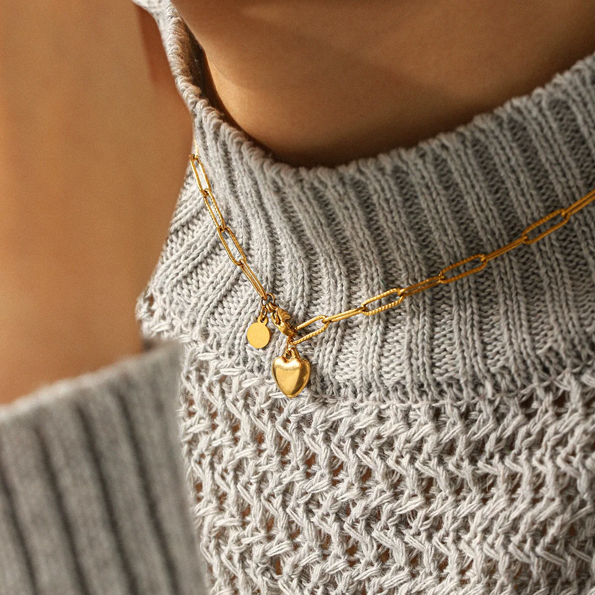 Wholesale 18K Gold Electroplated Stainless Steel Heart Shape Pendant Necklace And Bracelet For Women In Ins Style - Image 3