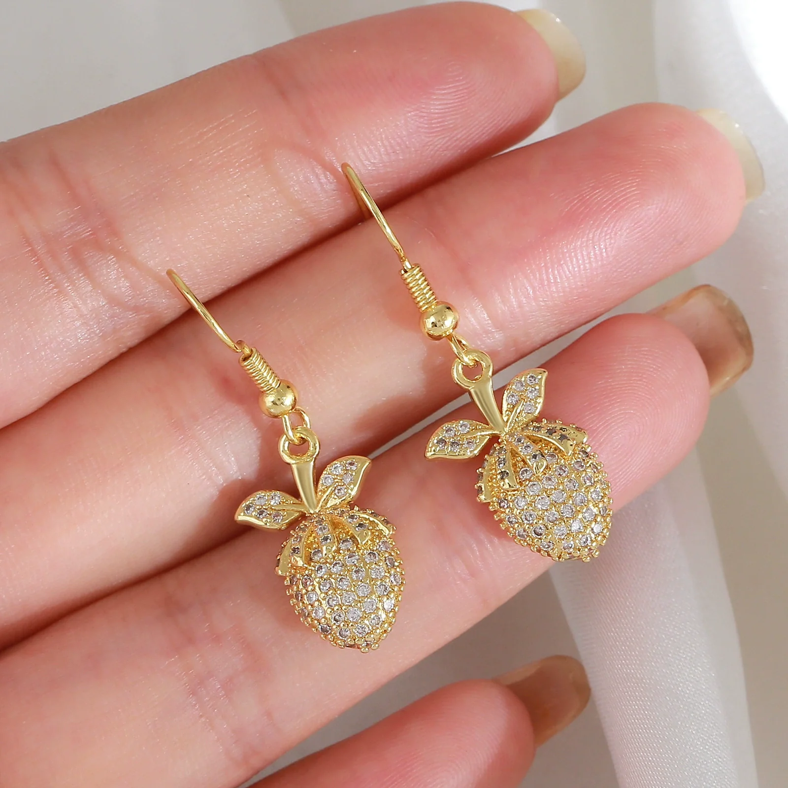 Wholesale 18K Gold Plated Copper Microinlaid Zircon Fruitshaped Threedimensional Drop Earrings For Women - Image 3