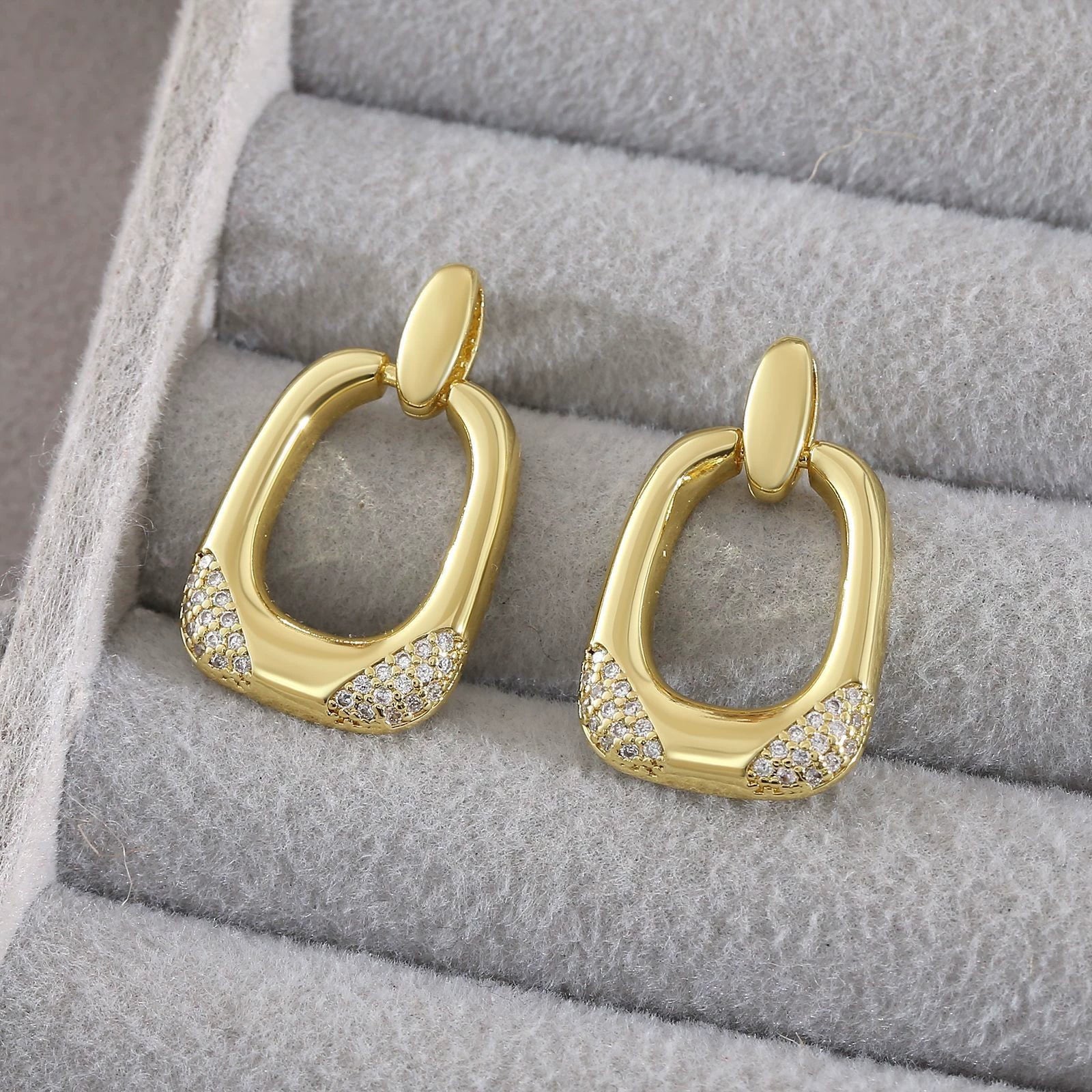 Wholesale 18K Gold Plated Geometric Copper Earrings With Triangular And Square Zircon Encrusted Ear Clips For Women - Image 4