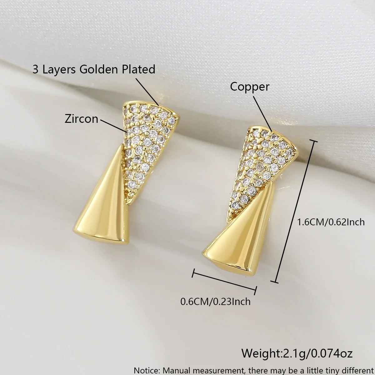 Wholesale 18K Gold Plated Geometric Copper Earrings With Triangular And Square Zircon Encrusted Ear Clips For Women - Image 6