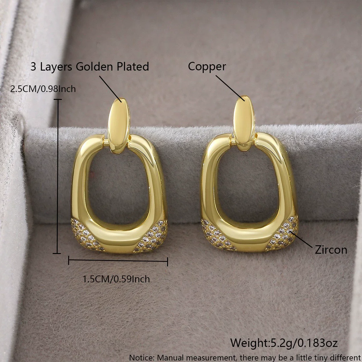 Wholesale 18K Gold Plated Geometric Copper Earrings With Triangular And Square Zircon Encrusted Ear Clips For Women - Image 7