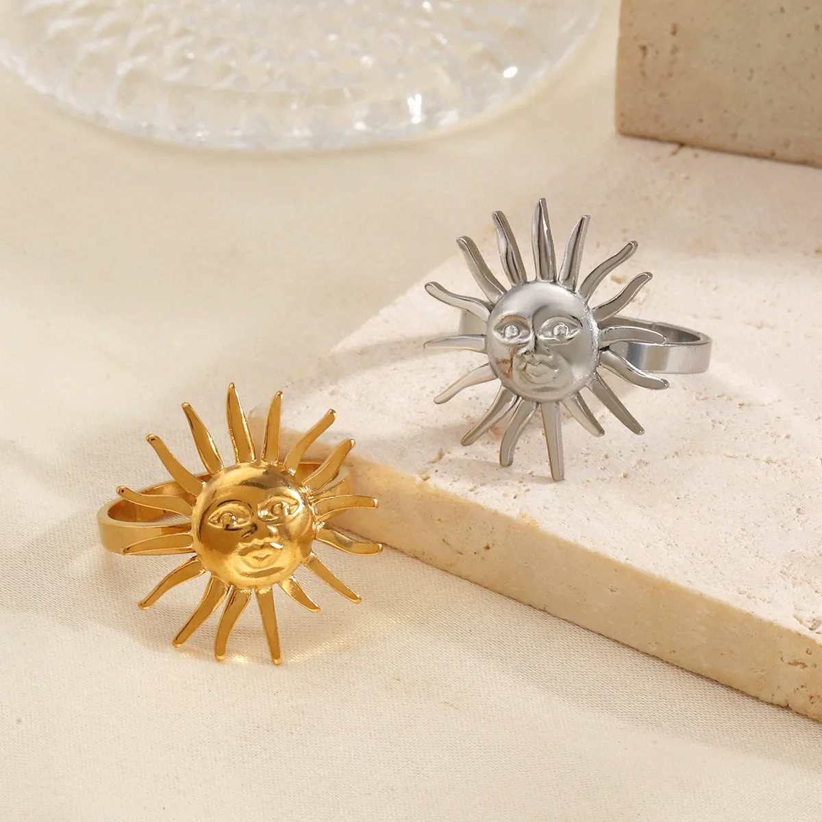 Wholesale 18K Gold Plated Stainless Steel Sun Pattern Open Ring For Women - Image 2