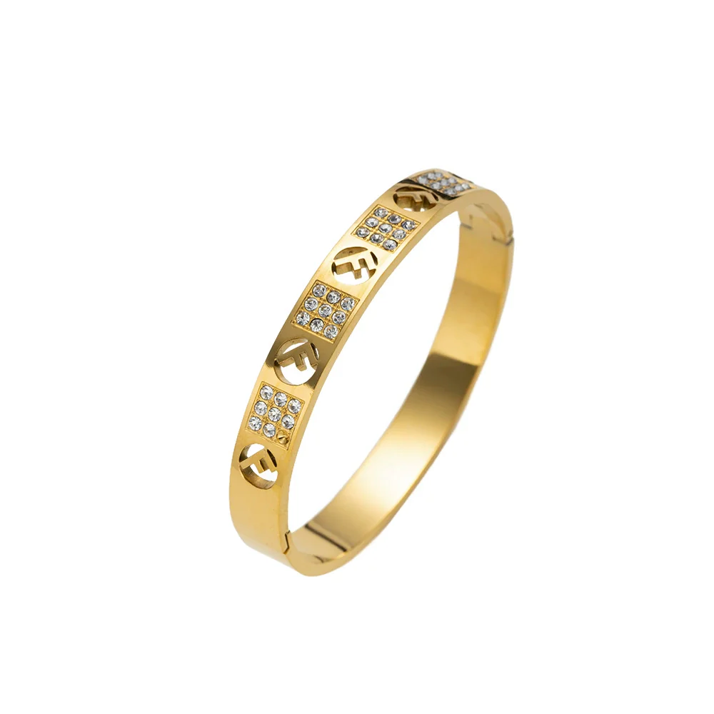 Wholesale 18K Real Gold Electroplated Zircon Letter Cut Out Buckle Titanium Steel Bracelet With Diamond Design For Women - Image 5
