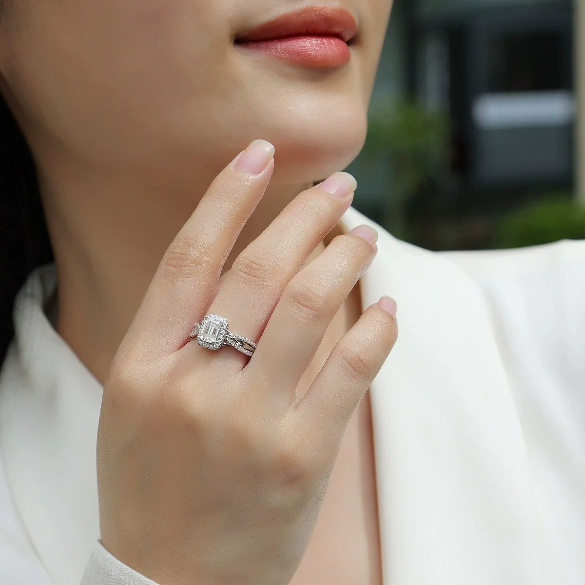 Wholesale 925 Silver Rectangular Moissanite Geometric Trendy Highend Female Ring Set With Diamonds - Image 2