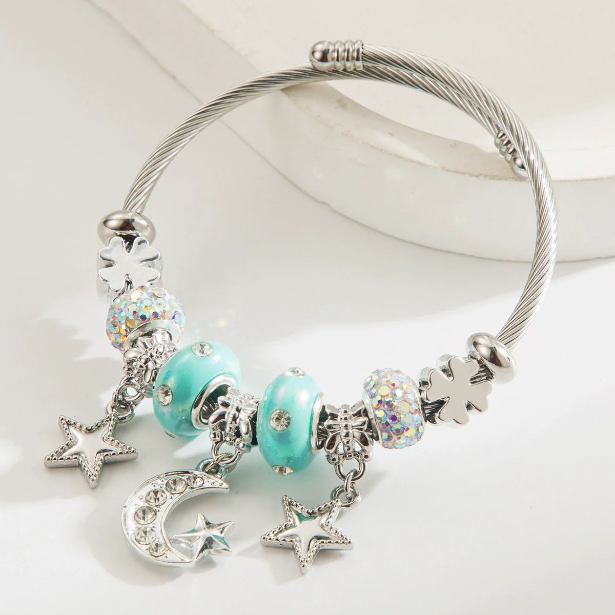 Wholesale Adjustable Couple Beaded Star Moon Pendant Bracelet In Stainless Steel And Alloy Set With Diamonds For Women - Image 10