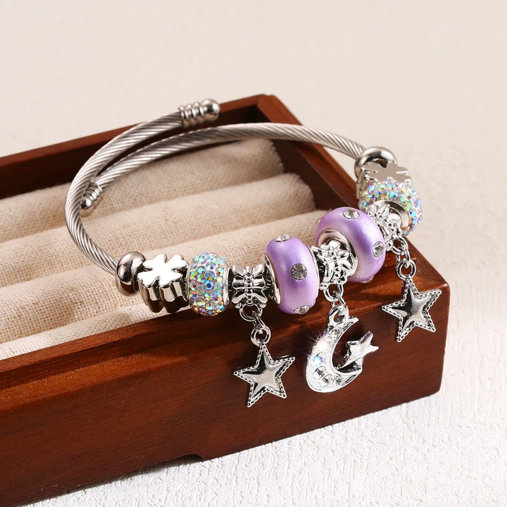 Wholesale Adjustable Couple Beaded Star Moon Pendant Bracelet In Stainless Steel And Alloy Set With Diamonds For Women - Image 2