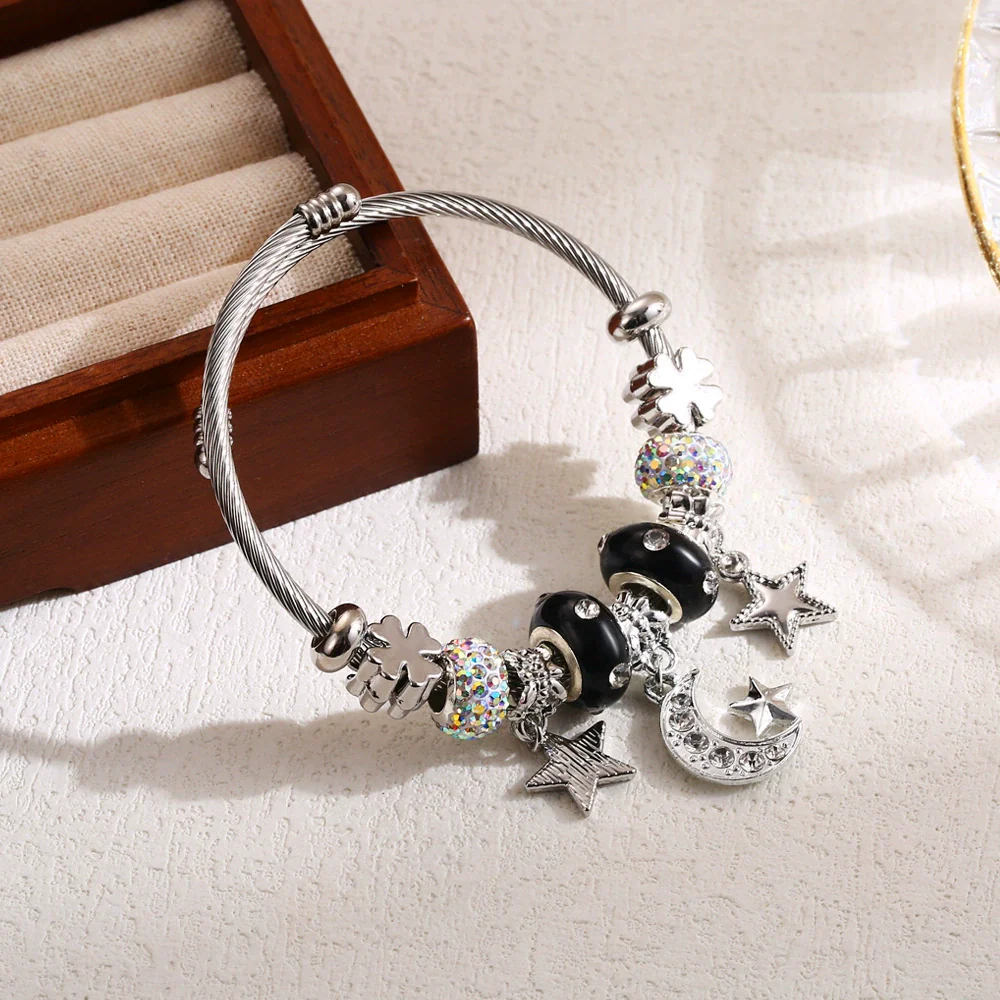 Wholesale Adjustable Couple Beaded Star Moon Pendant Bracelet In Stainless Steel And Alloy Set With Diamonds For Women - Image 4