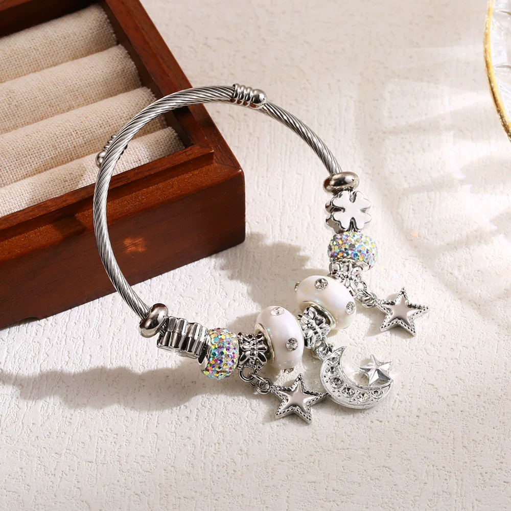 Wholesale Adjustable Couple Beaded Star Moon Pendant Bracelet In Stainless Steel And Alloy Set With Diamonds For Women - Image 7