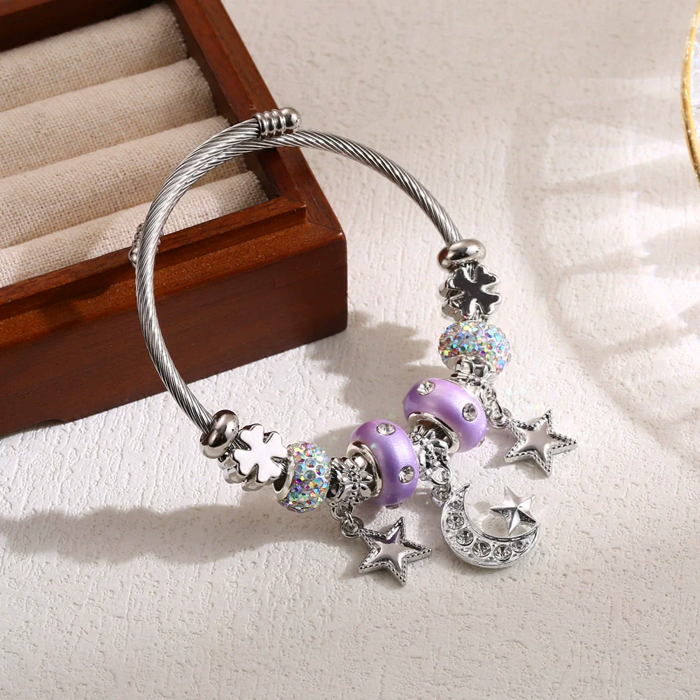 Wholesale Adjustable Couple Beaded Star Moon Pendant Bracelet In Stainless Steel And Alloy Set With Diamonds For Women - Image 8