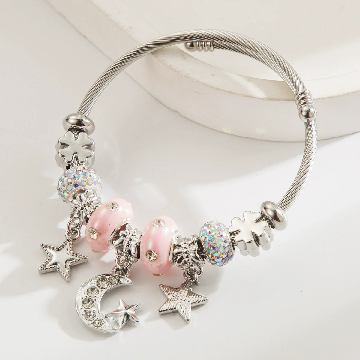 Wholesale Adjustable Couple Beaded Star Moon Pendant Bracelet In Stainless Steel And Alloy Set With Diamonds For Women - Image 9