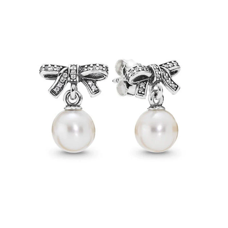Wholesale Alloy Constellation Diamond Inlaid Zircon Bow Pearl Earrings - Image 3