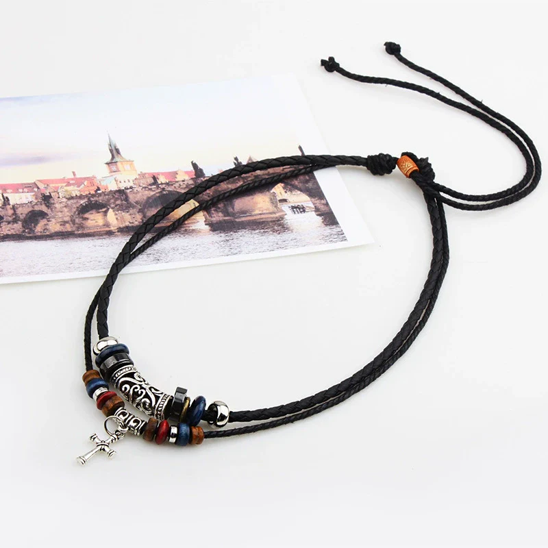 Wholesale Alloy Cross Pendant Necklace With Woven Leather Rope Retro Wooden Beads Geometric Style Baking Paint Finish - Image 4