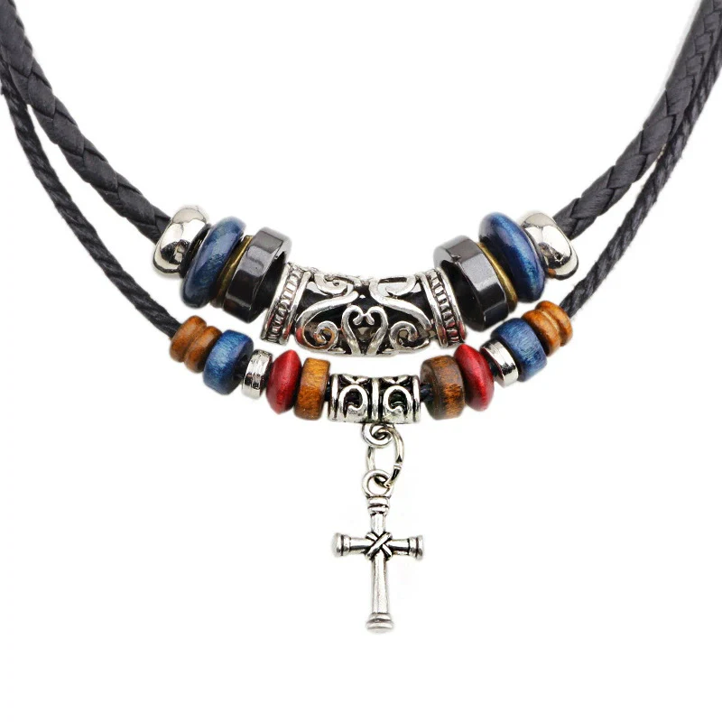 Wholesale Alloy Cross Pendant Necklace With Woven Leather Rope Retro Wooden Beads Geometric Style Baking Paint Finish - Image 6