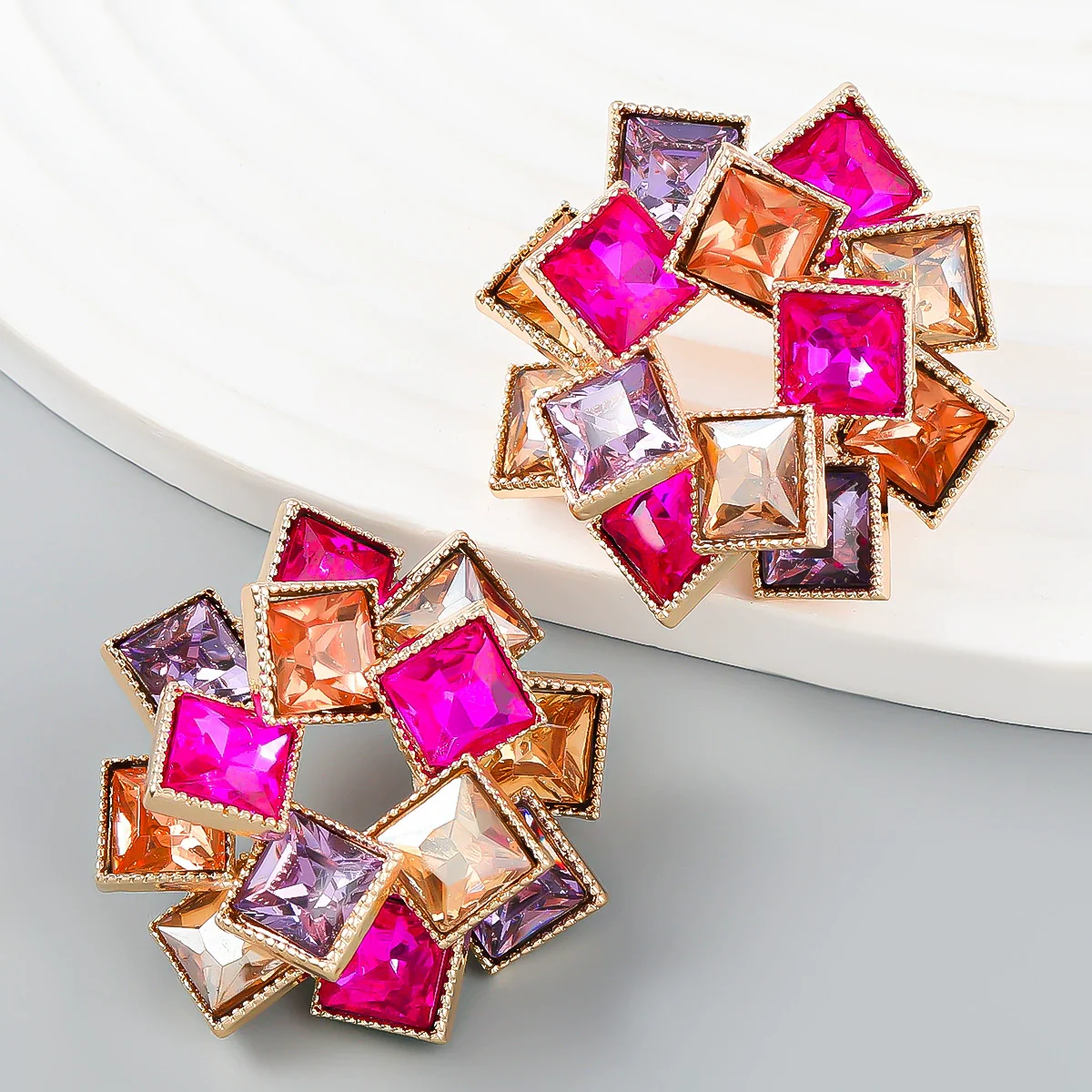 Wholesale Alloy Fashion Colored Diamond Multi Layer Square Rhinestone Windmill Shaped Women's Geometric Earrings - Image 2