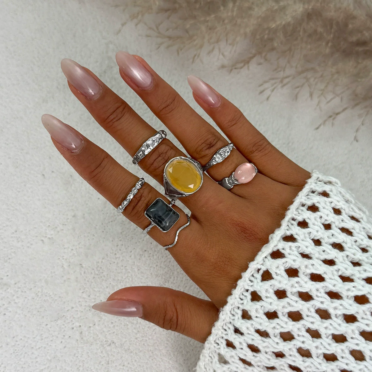 Wholesale Alloy Geometric Pleated Imitation Gemstone Rhinestone Ring Set For Women With Electroplating Design - Image 10