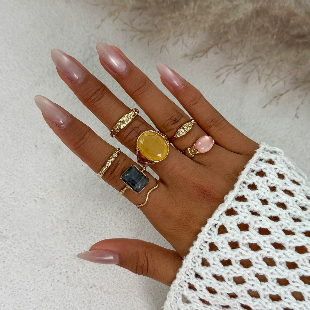 Wholesale Alloy Geometric Pleated Imitation Gemstone Rhinestone Ring Set For Women With Electroplating Design - Image 9