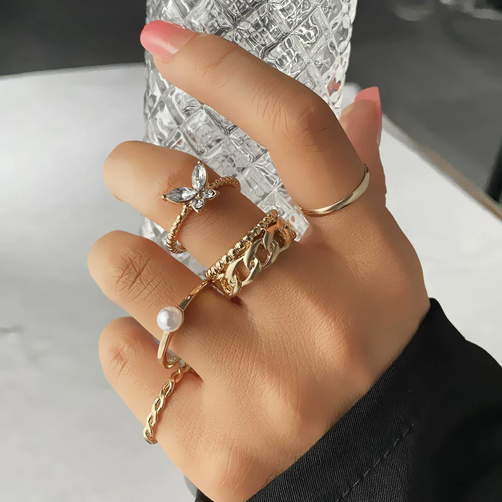 Wholesale Alloy Pearl Rhinestone Butterfly Twist Electroplated Ring Set For Women