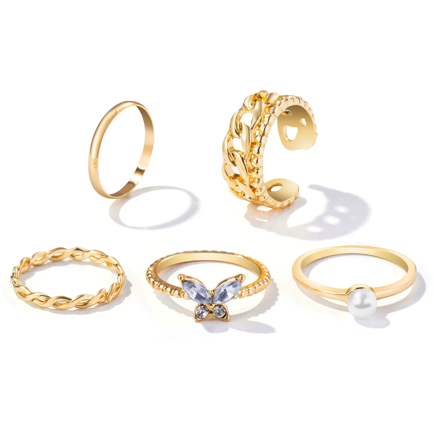 Wholesale Alloy Pearl Rhinestone Butterfly Twist Electroplated Ring Set For Women - Image 6