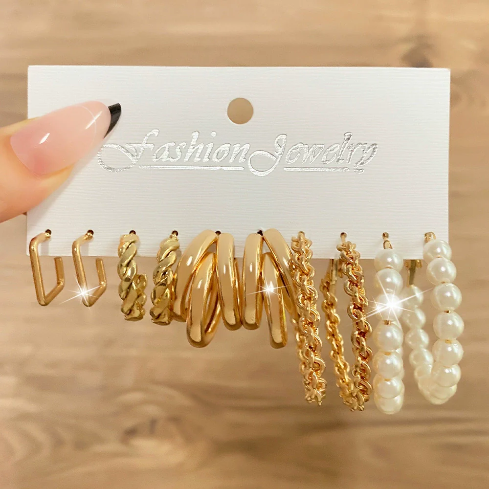 Wholesale Alloy Retro Geometric Square Women's Earrings Set With Pearls - Image 11