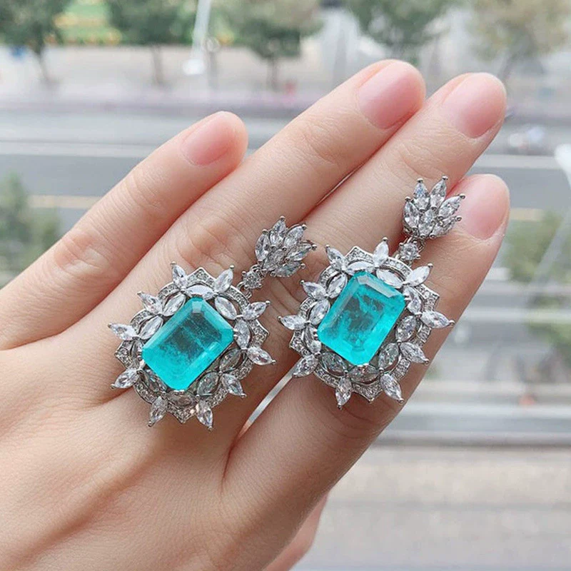 Wholesale Artificial Jewelry Copper Mixed Gem Inlay Geometric Exaggerated Style Pendant Necklace Earrings Set For Women - Image 4