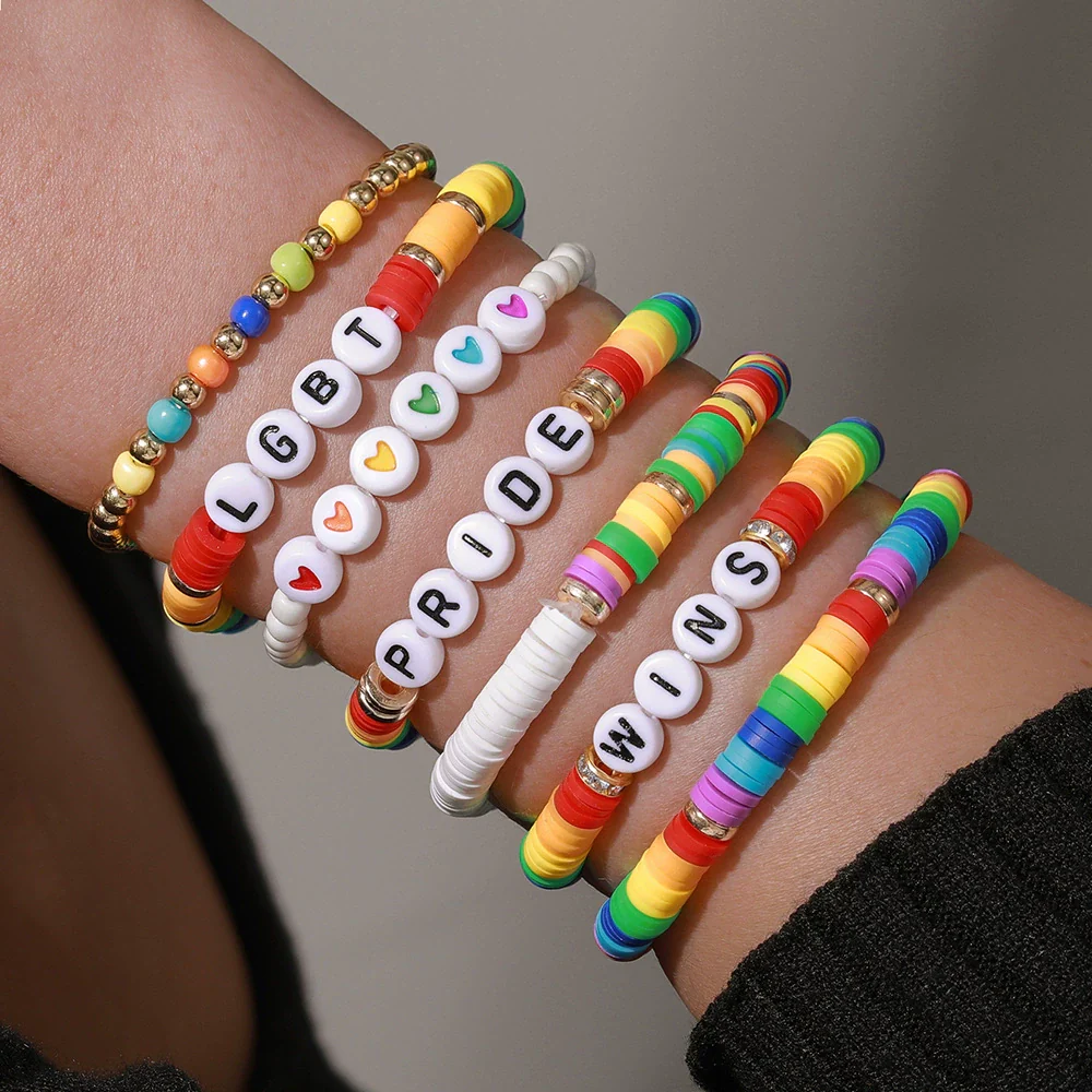 Wholesale Beaded Elastic Soft Ceramic Bracelet With Rainbow Love Pendant Geometric Handmade Polymer Clay Acrylic Glass Beads Unisex Boyfriend Style - Image 4