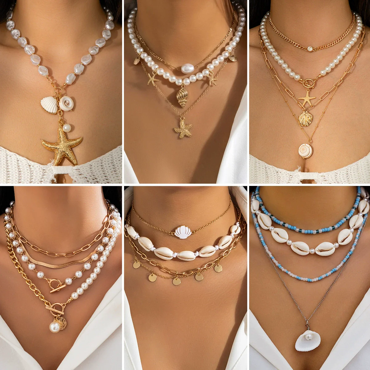 Wholesale Beaded Imitation Pearl Necklace With Starfish Shell Retro Style And Electroplating Processing