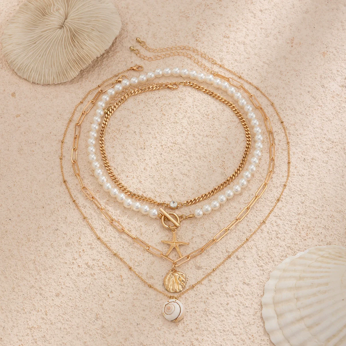 Wholesale Beaded Imitation Pearl Necklace With Starfish Shell Retro Style And Electroplating Processing - Image 4