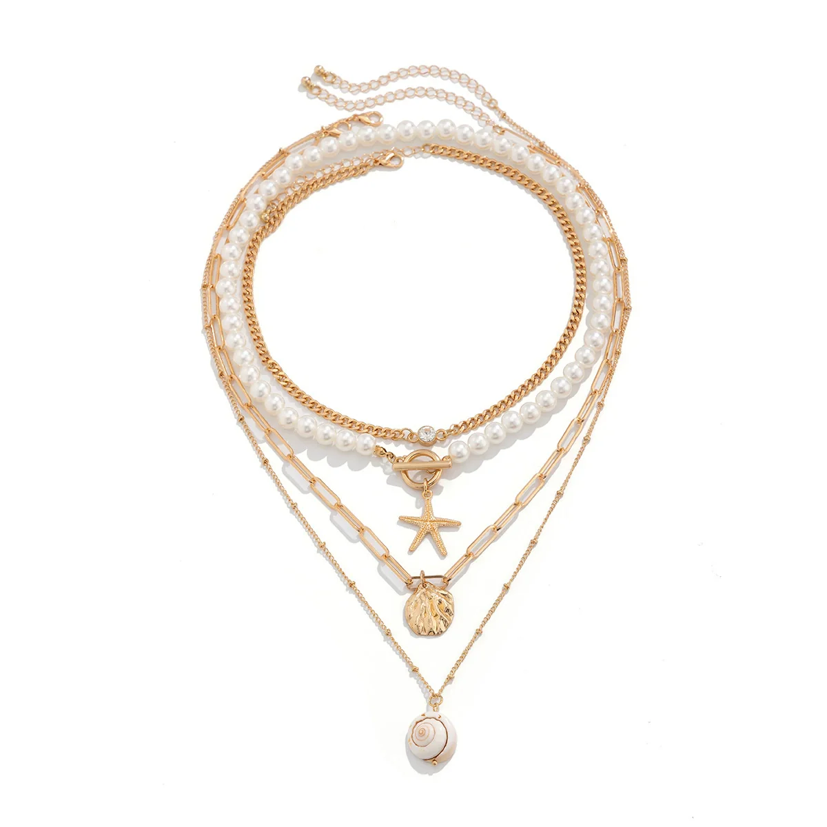 Wholesale Beaded Imitation Pearl Necklace With Starfish Shell Retro Style And Electroplating Processing - Image 5