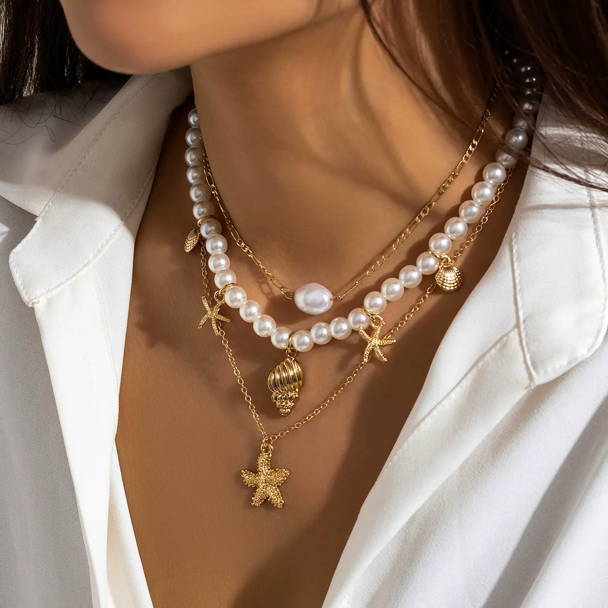 Wholesale Beaded Imitation Pearl Necklace With Starfish Shell Retro Style And Electroplating Processing - Image 6