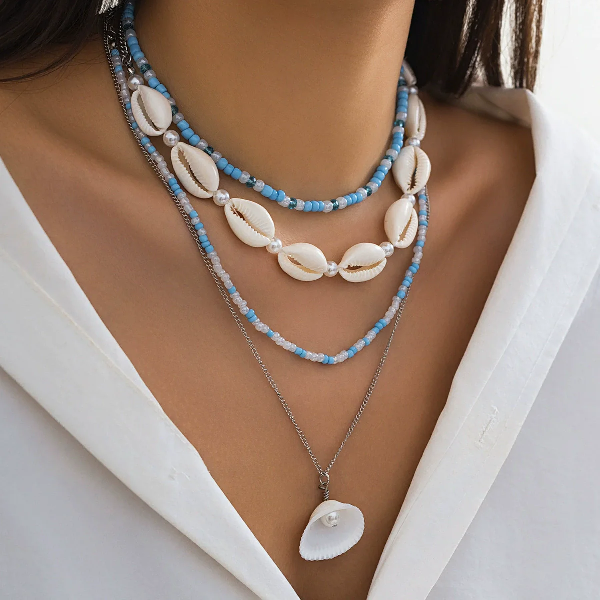 Wholesale Beaded Imitation Pearl Necklace With Starfish Shell Retro Style And Electroplating Processing - Image 8