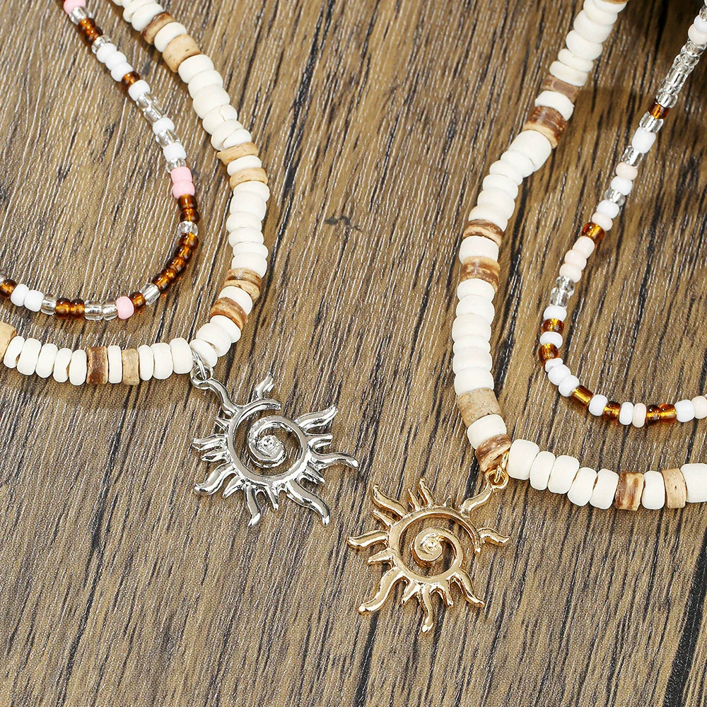 Wholesale Beaded Necklace Coconut Shell Rice Beads Alloy Handmade Geometric Style Men's Hiphop Niche Sun Pendant Doublelayer Clavicle Chain - Image 3