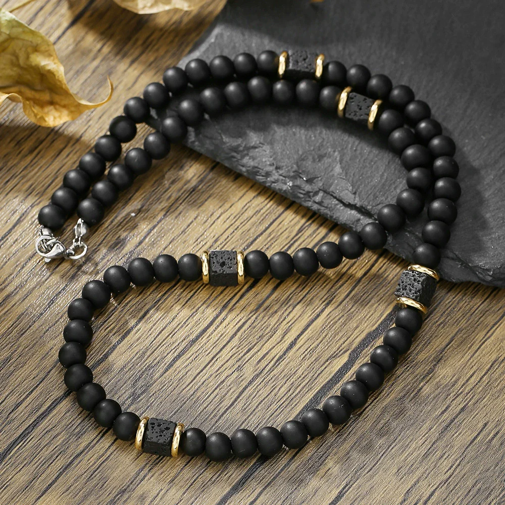 Wholesale Beaded Necklace Handmade Black Matte Volcanic Stone And Organic Glass Geometric Style Unisex - Image 2