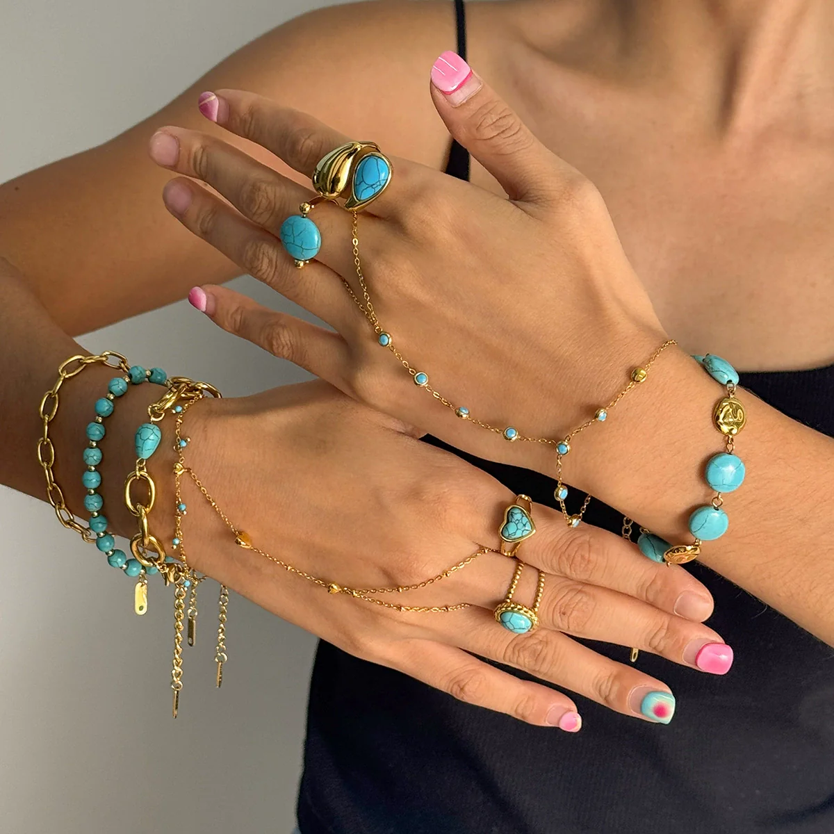 Wholesale Blue Turquoise Stainless Steel Geometric Hand Jewelry For Women Electroplated Design Minimalist Style