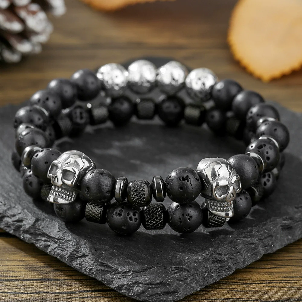 Wholesale Bracelet Stainless Steel Volcanic Stone Black Gallstone Geometric Handmade Hiphop Internet Celebrity Style Unisex