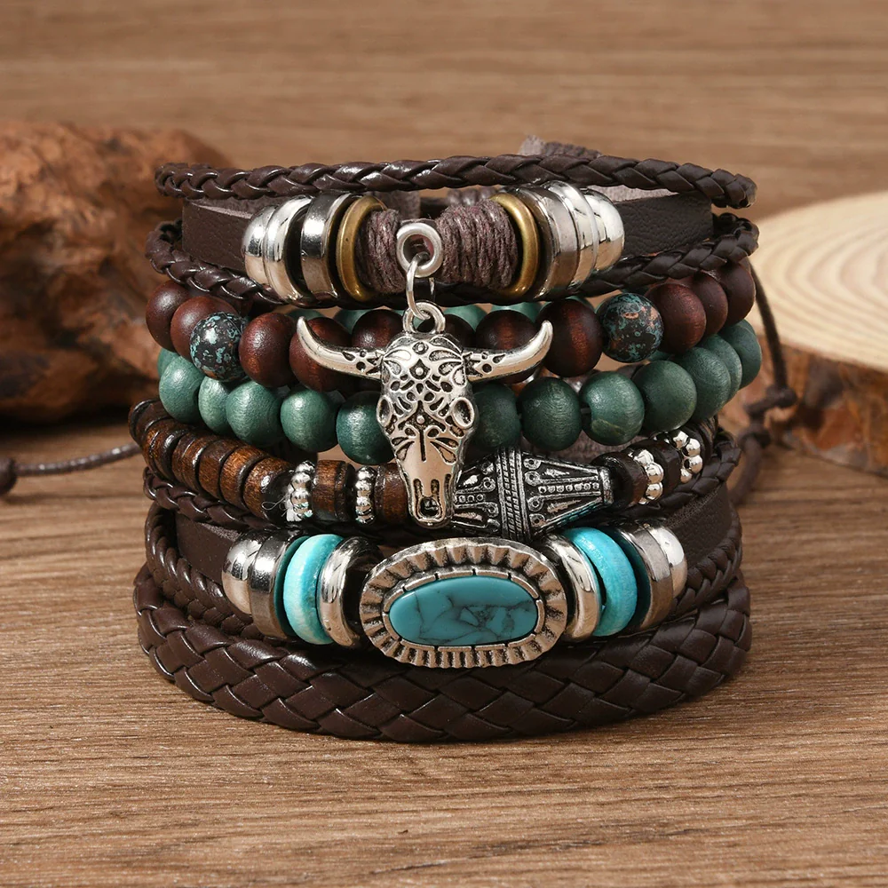 Wholesale Bracelet Zinc Alloy Wood Beads Vintage Style Hand Knitted Leaves Pattern Unisex